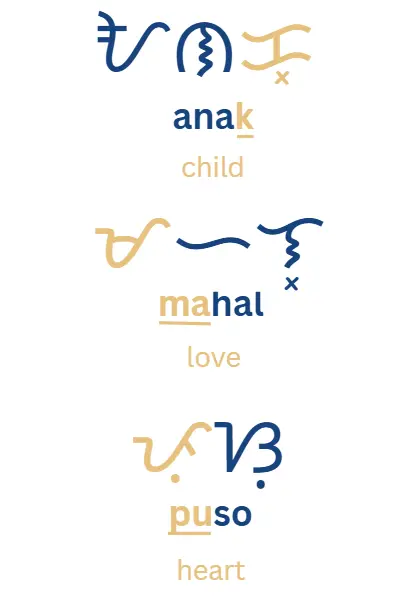 Baybayin script examples with English translations: "anak" meaning child, "mahal" meaning love, and "puso" meaning heart. Beautiful blue and gold Baybayin writing with virama marks shown.