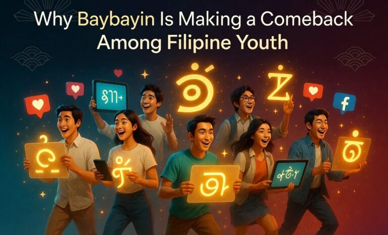 oung Filipinos celebrating the revival of Baybayin script with glowing characters, representing the resurgence of Philippine indigenous writing among the youth.