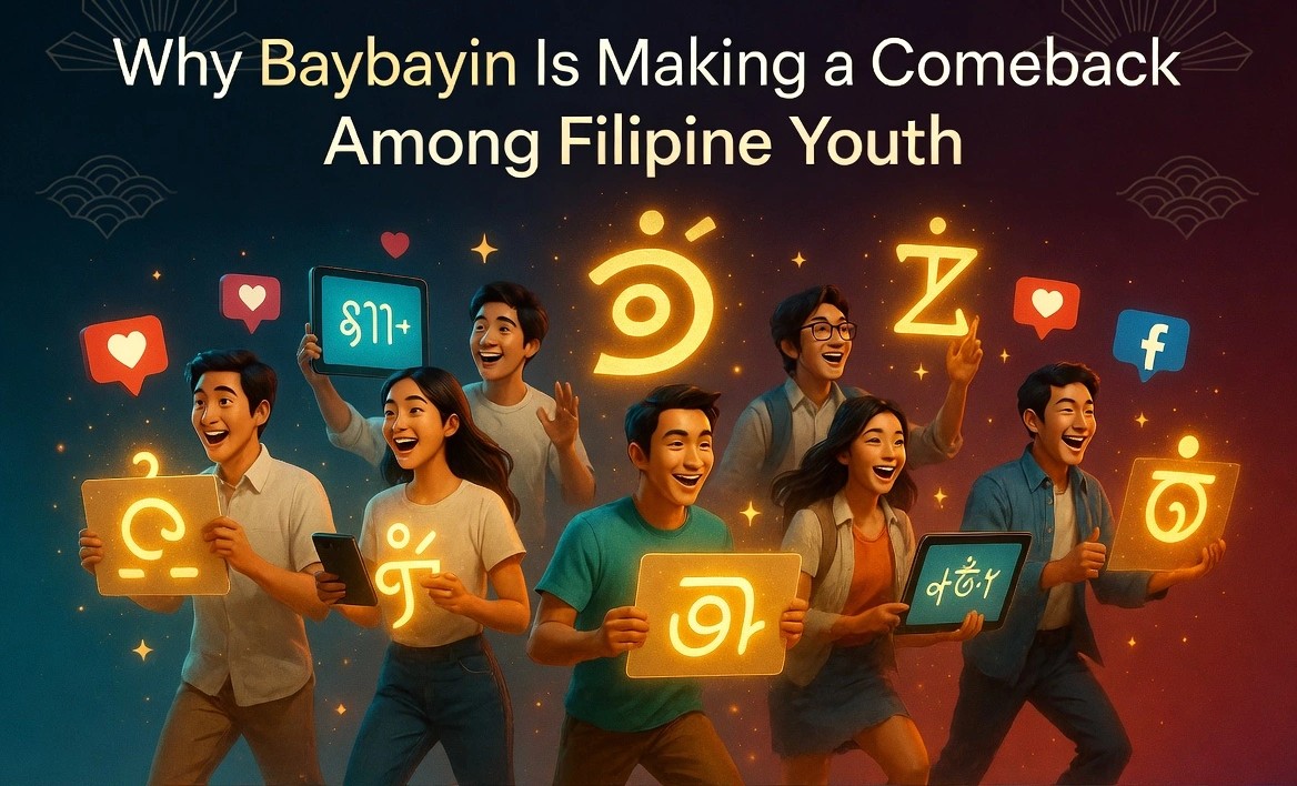 oung Filipinos celebrating the revival of Baybayin script with glowing characters, representing the resurgence of Philippine indigenous writing among the youth.