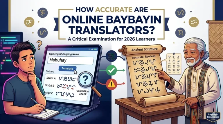 Comparison illustration showing a digital Baybayin translator app versus a traditional ancient Baybayin scroll to evaluate accuracy of online translators