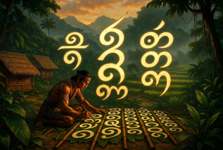 Ancient Filipino man writing Baybayin script on bamboo in a pre-colonial Philippine landscape, with glowing golden Baybayin characters floating above, representing the rich history and cultural importance of the indigenous Philippine writing system.