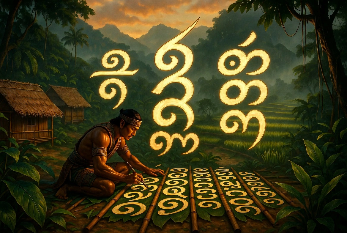 Ancient Filipino man writing Baybayin script on bamboo in a pre-colonial Philippine landscape, with glowing golden Baybayin characters floating above, representing the rich history and cultural importance of the indigenous Philippine writing system.