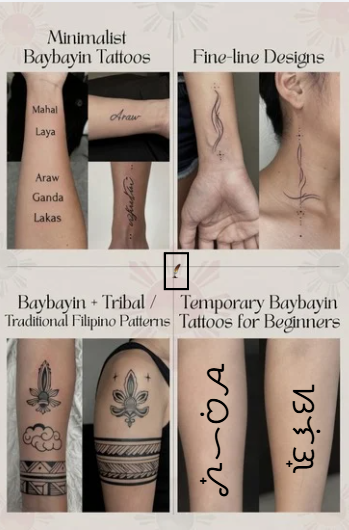 "Four Baybayin tattoo styles collage: minimalist, fine-line, traditional Filipino tribal fusion, and temporary tattoo placements for beginners"