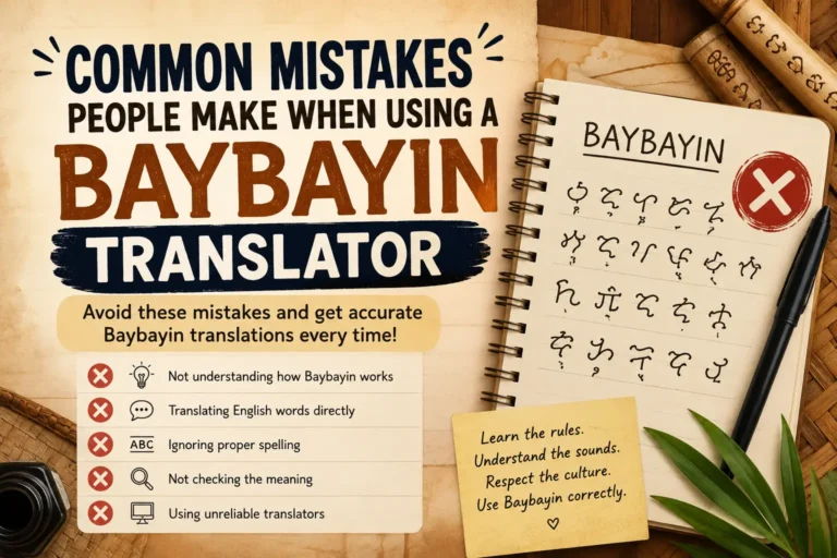 Educational featured image about common mistakes when using a Baybayin translator, showing Baybayin script symbols, translation errors, and tips for accurate Baybayin writing on a vintage-style background.