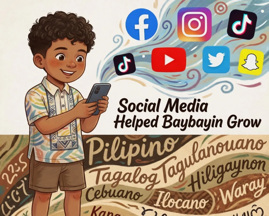 Modern aesthetic photograph of a smartphone user browsing ancient Tagalog writing systems and Baybayin symbols on a social media app.