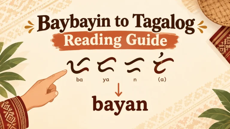 Hand pointing to Baybayin characters beside their Tagalog word equivalent, illustrating how to read Baybayin script